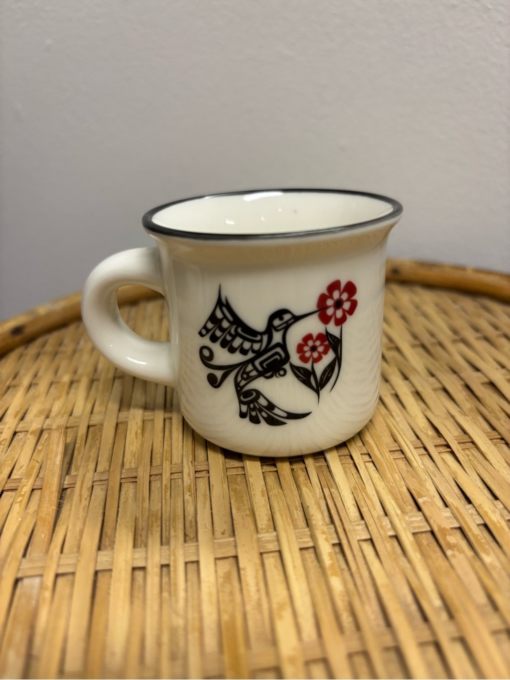 Cream Ceramic Espresso Mug with Black Hummingbird & Red Flowers